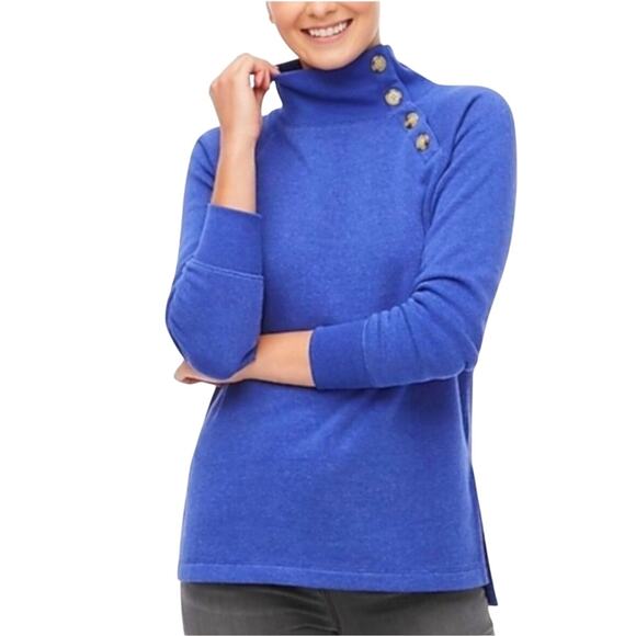 J.Crew Factory Blue Button Mock Neck Fleece Pullover Sweatshirt M - Picture 1 of 7